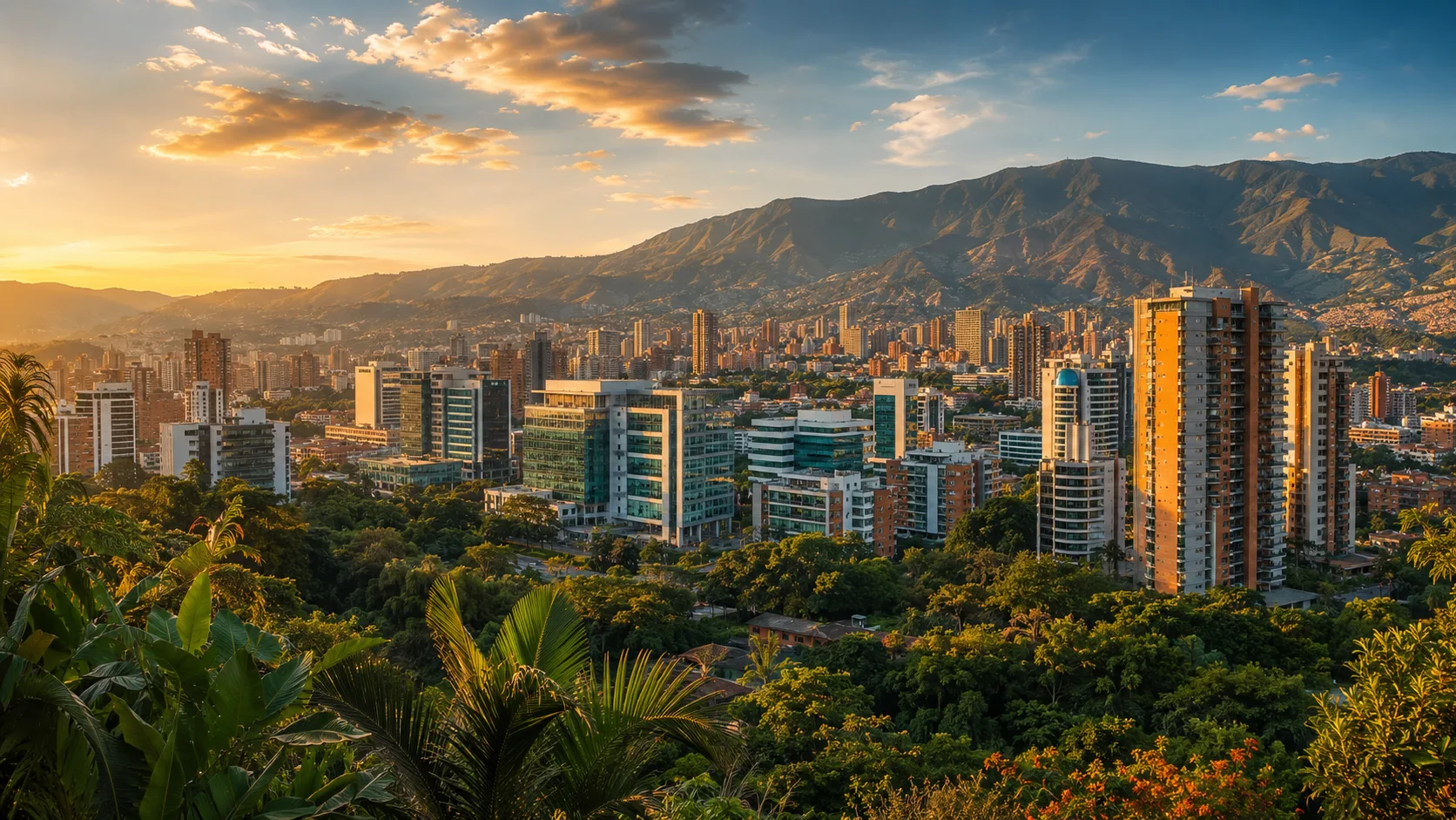 Medellín Colombia skyline at golden hour with Andes mountains