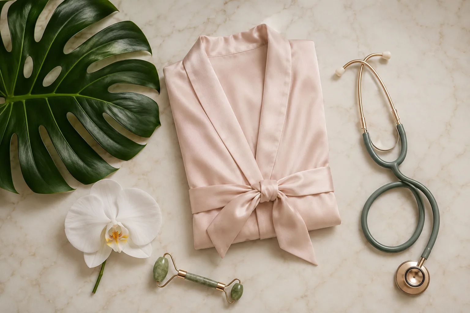 Luxury med-spa aesthetic — silk robe, monstera leaf, jade roller, and stethoscope on marble